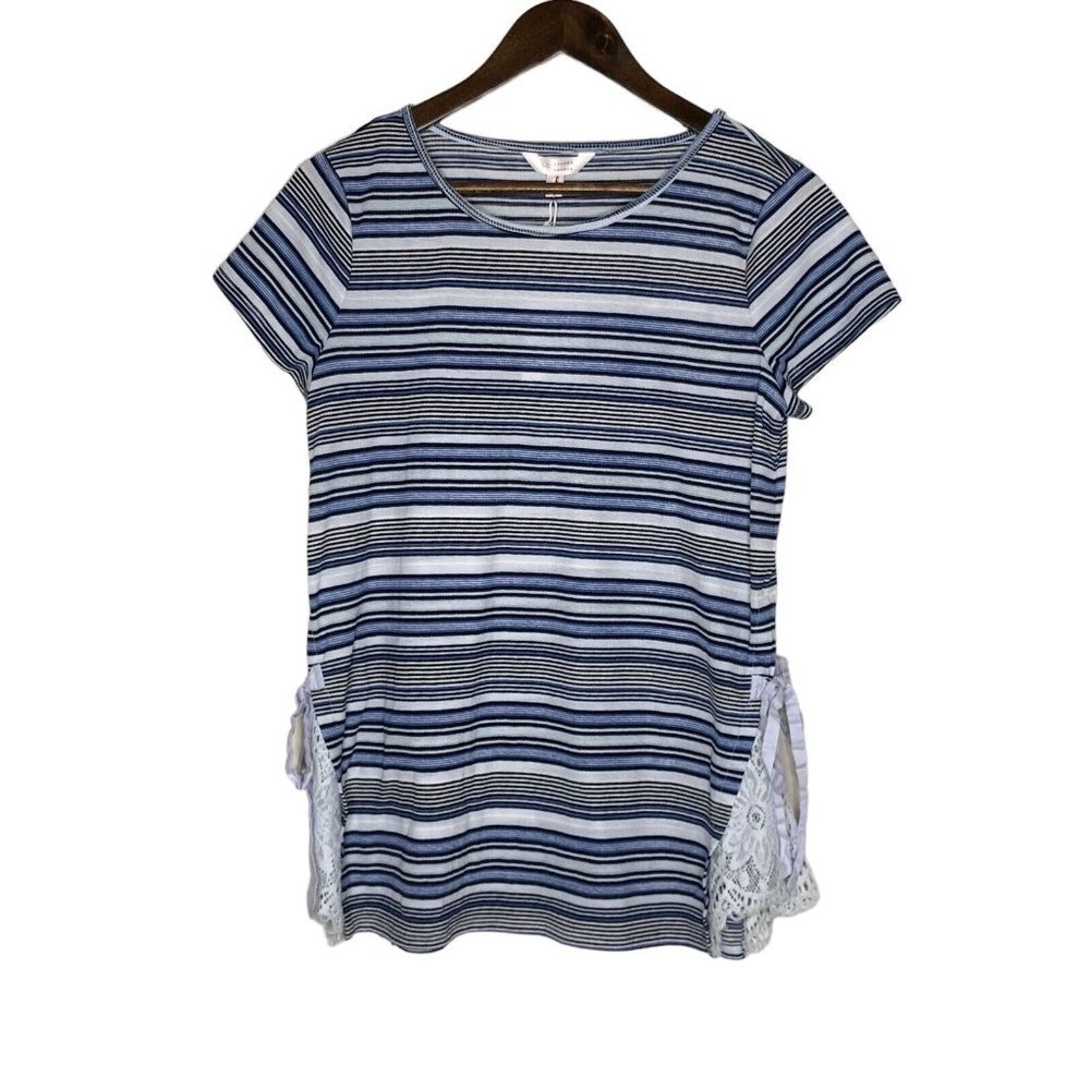 LC Lauren Conrad Blue and White Striped Short Sleeve Tie Side Top Size Small